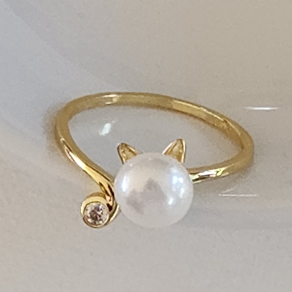 925S Real 8mm Cultured Freshwater Pearl Cat Shape Gold Ring - Adjustable - Picture 11 of 16
